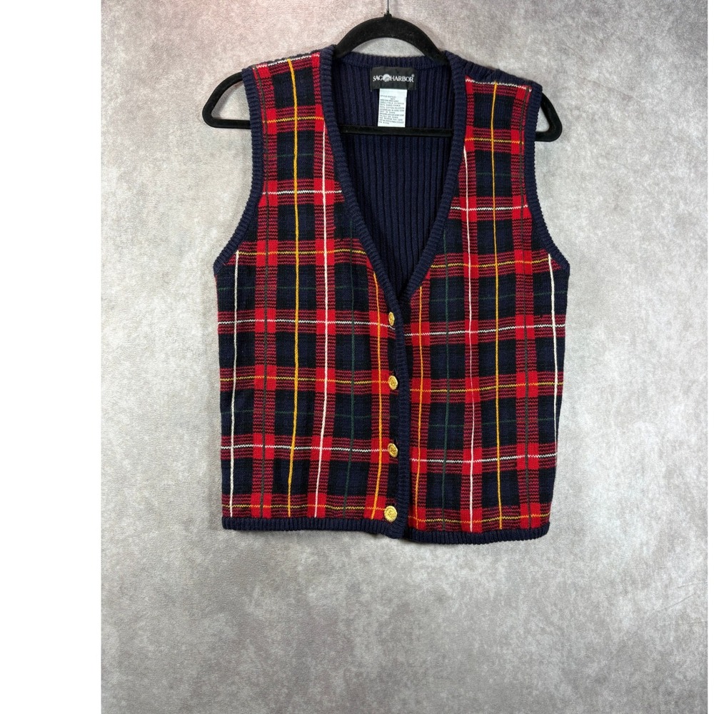 Sag Harbor Sweater Vest Women Medium Navy Red Plaid Knit Button Up 3211 Vintage